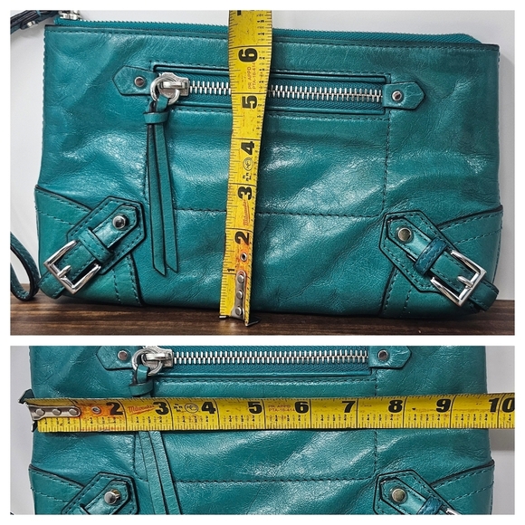 Michael Kors Large Fallon Leather Aqua Turquoise Silver Zip Clutch Wristlet - Picture 15 of 16